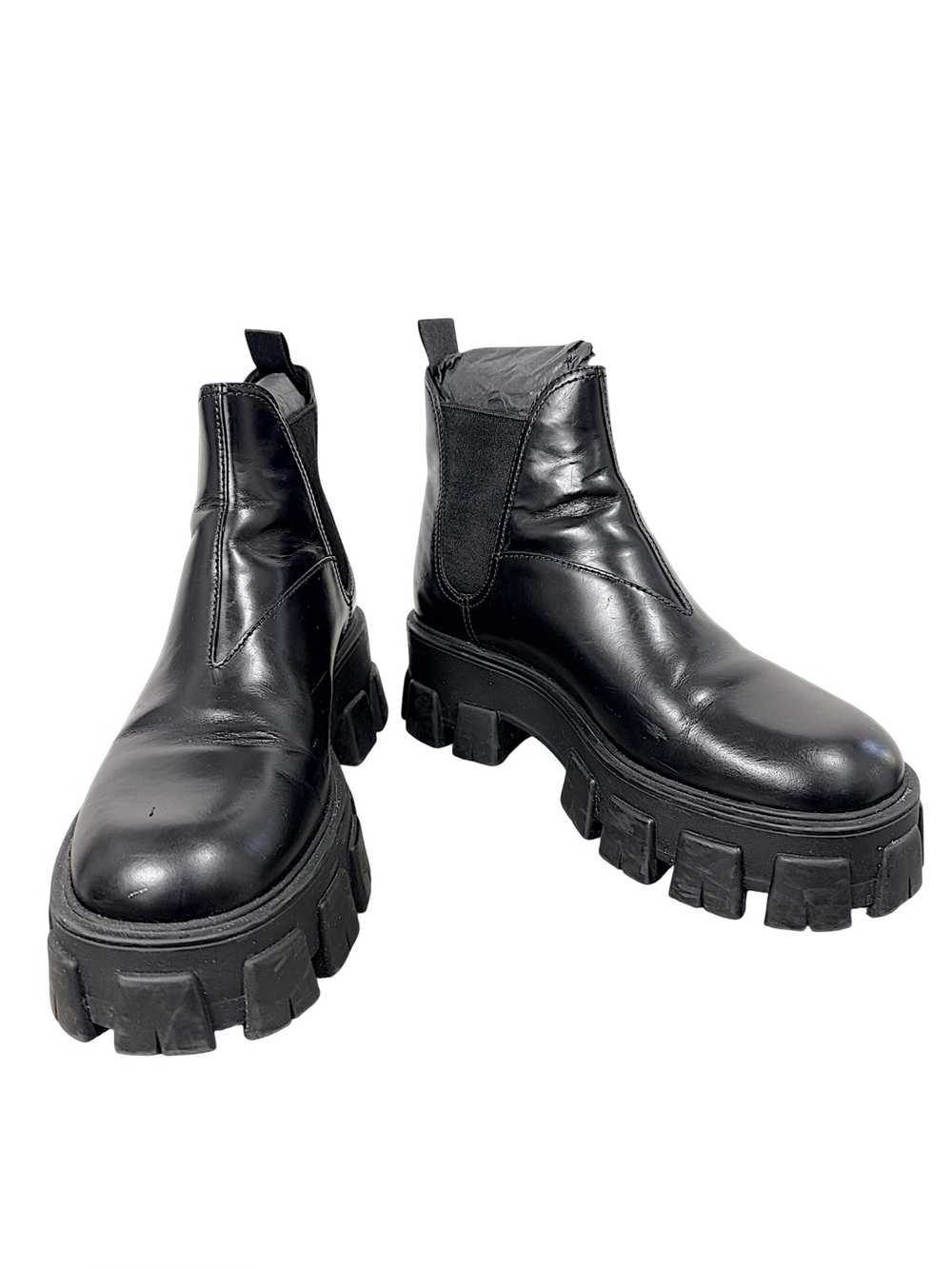 Prada Monolith Black Leather Lug Sole Chelsea Boots 38